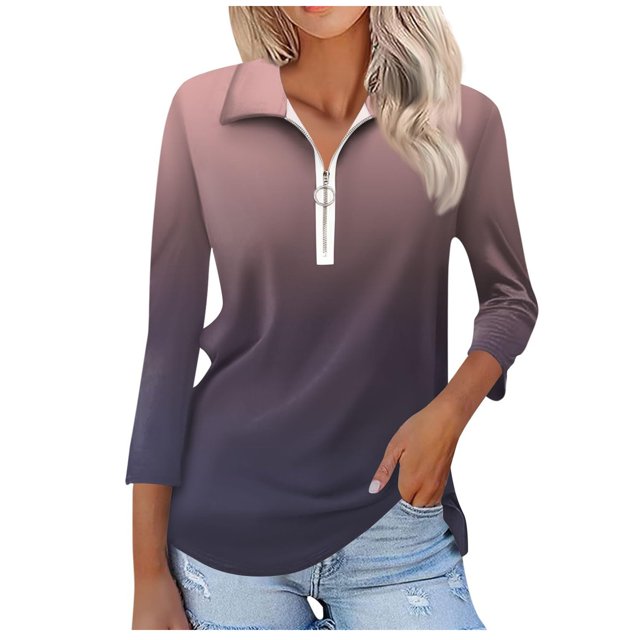 T-shirts pour Femmes Mode Féminine T-Shirt Imprimé Manches 3/4 Blouse Col Rabattu Décontracté