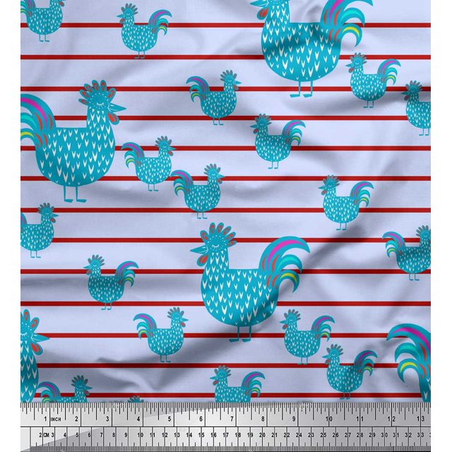 Soimoi Blue Silk Fabric Cock & Stripe Decor Fabric Printed Yard 42 Inch Wide