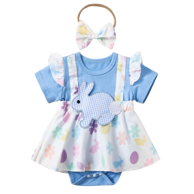 MIASHUI Robe Barboteuse pour Bébé Fille à Manches Courtes, Justaucorps à Volants, Ourlet de Jupe, Tenue, Bleu, 12-18 Mois