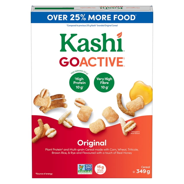 Kashi GoActive Céréales Originales Boîte de 349 g avec Motif Blanc et Rouge Affichant des Morceaux de Céréales Multigrains Faits de Maïs, Blé, triticale, Riz Brun et Seigle, Offrant 10 g de Protéines et de Fibres par Portion de 52 g, Aromatisées Naturellement avec une Touche de Vrai Miel pour un Déjeuner Nutritif.