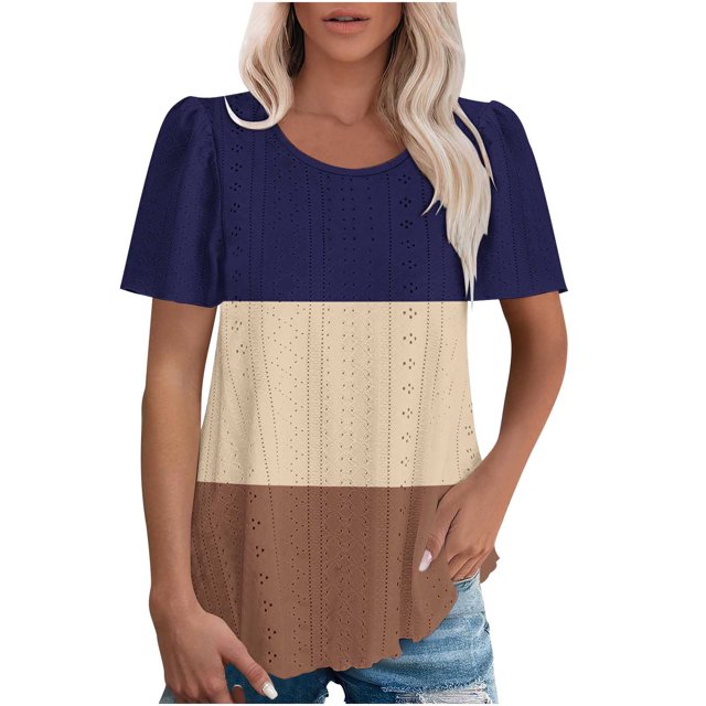 Plebaso Hauts pour Femmes Chemises à Œillets Manches Courtes T-Shirts Amples Col Rond Décontracté Blouses Tendance