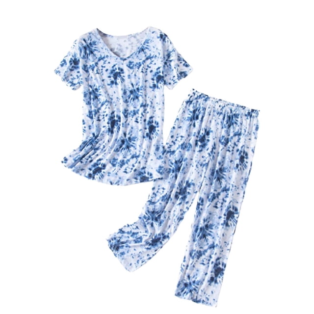 Gewsdrf Pyjama en Coton, Ensembles de Pyjama pour Femmes, Ensemble d'Été à Col Rond Pyjama Manches Courtes Pantalon Long, Pyjamas d'Été, Ensembles de Pyjama, Ensemble de Détente pour Femmes, Bleu, G