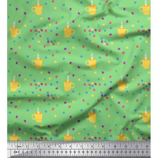 Soimoi Green Silk Fabric Boxes & Coffee Cups Print Fabric by the Yard 42 Inch Wide