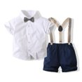 thumbnail image 1 of Qudderr Ensemble 3 Pcs pour Tout-Petits Garçons Bébé, Tenue de Gentleman, Robe de Mariage pour Enfants, Chemise à Manches Courtes + Nœud Papillon + Shorts à Bretelles, Ensemble d'Été en Coton 1-6 Ans, 1 of 9
