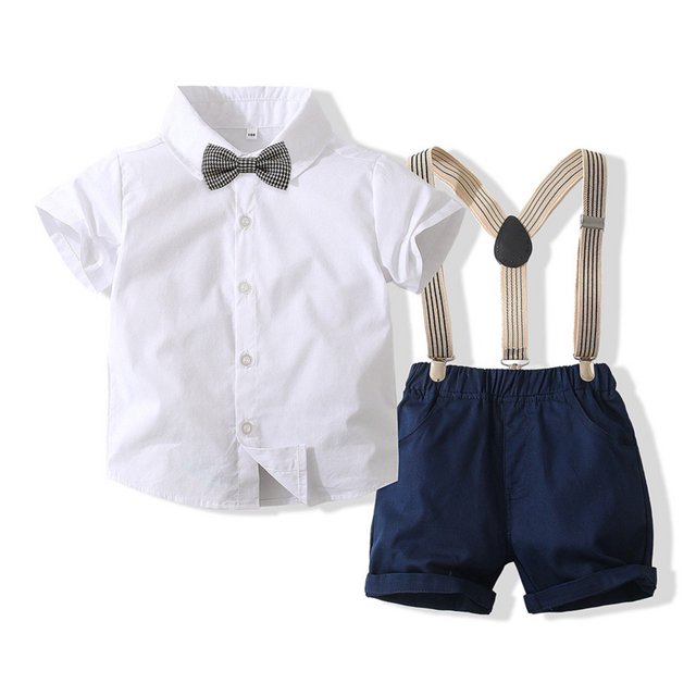 Qudderr Ensemble 3 Pcs pour Tout-Petits Garçons Bébé, Tenue de Gentleman, Robe de Mariage pour Enfants, Chemise à Manches Courtes + Nœud Papillon + Shorts à Bretelles, Ensemble d'Été en Coton 1-6 Ans