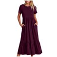 thumbnail image 1 of Penkiiy Robes Maxi pour Femmes 2024 Décontractées d'Été à Manches Courtes, Robe d'Été Ample Plissée à Étages Fluide de Plage avec Poches m Bordeaux, 1 of 5