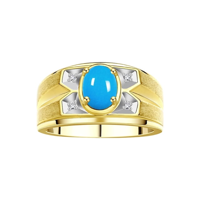 RYLOS Men's Rings 14K Yellow Gold Rings Classic Designer Style 8X6MM Oval Gemstone & Diamond Ring Turquoise December Birthstone Rings For Men Size 11