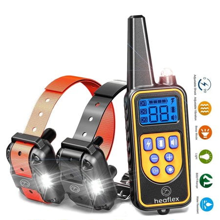 Heaflex Dog Training Electric Collar with a 2600ft remote range, featuring 4 modes: light, beep, vibration, and shock. Includes two adjustable collars in red and black, two waterproof receivers with LED lights, and a remote transmitter with a blue LCD screen. Designed for dog training with IP67 waterproof rating and rechargeable lithium battery.