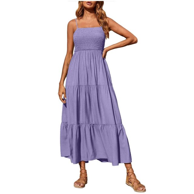 Robes d'Été pour Femmes Bohèmes à Bretelles Spaghetti, Smockées, à Étages, Longues, de Plage, Soleil, Sans Manches, Unies, Robe Maxi