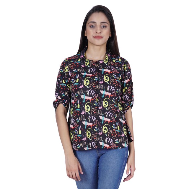 Moomaya Womens Printed Top Roll-Up Sleeve Collar Neck Button-Down Shirt