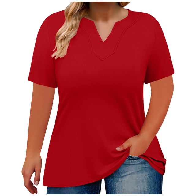 Timegard Plus Size Top for Women V Neck Drop Shoulder Short Sleeve Comfy Solid Color Casual Tee Top