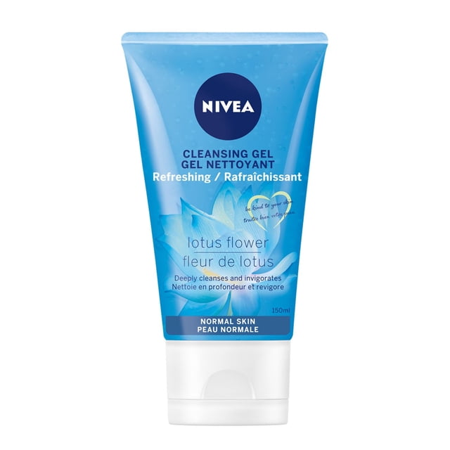 Nivea Refreshing Cleansing Gel for Normal Skin, 150 mL, in a blue squeeze tube with white flip cap, featuring lotus flower graphics and bilingual text. This facial cleanser deeply cleanses and invigorates normal skin, suitable for daily use to refresh and maintain healthy skin.