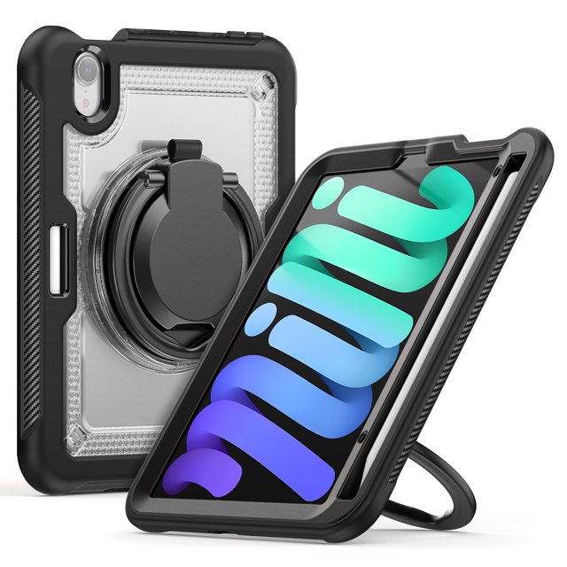 XYX Case for iPad Mini 7 A17 Pro 2024/Mini 6 2021 8.3 Inch 7th/6th Gen with Rotating Stand, Shoulder Strap, 2in1 Shockproof Cover, Transparent