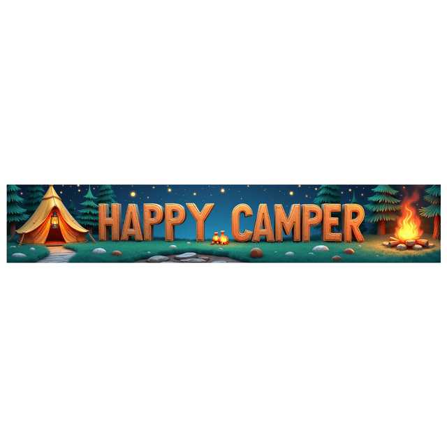 Forest Design Happy Camper Tent Banner Campfire Nature Scene for Outdoor Adventure Camping Event