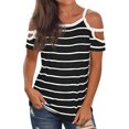 thumbnail image 1 of Women Horizontal Stripe Printed Cold Shoulder Scoop Neck Short Sleeves Shirt, 1 of 4