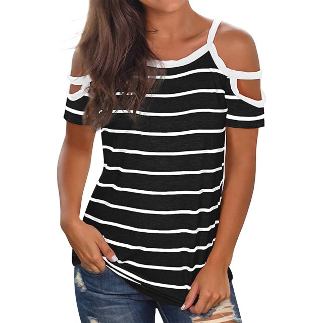 Women Horizontal Stripe Printed Cold Shoulder Scoop Neck Short Sleeves Shirt