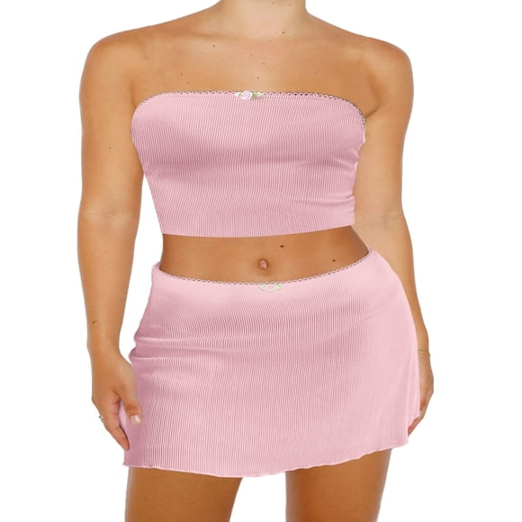 Stylish Off Shoulder Lace Trim Bandeau with Skinny A-line Skirt for Women