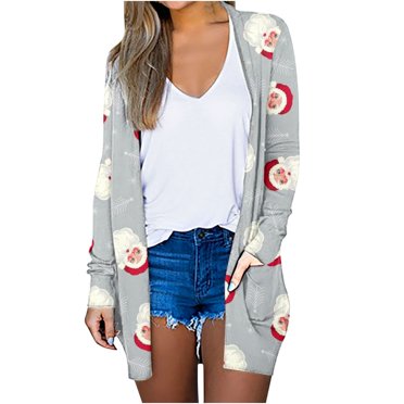 hoksml Cardigans Cardigan pour Femmes Mode Femme T-Shirt à Manches Longues Automne Ouvert Cardigan de Noël Ample Manteau Imprimé Blouse Manteau Poches Hauts Chandails pour Femmes Liquidation