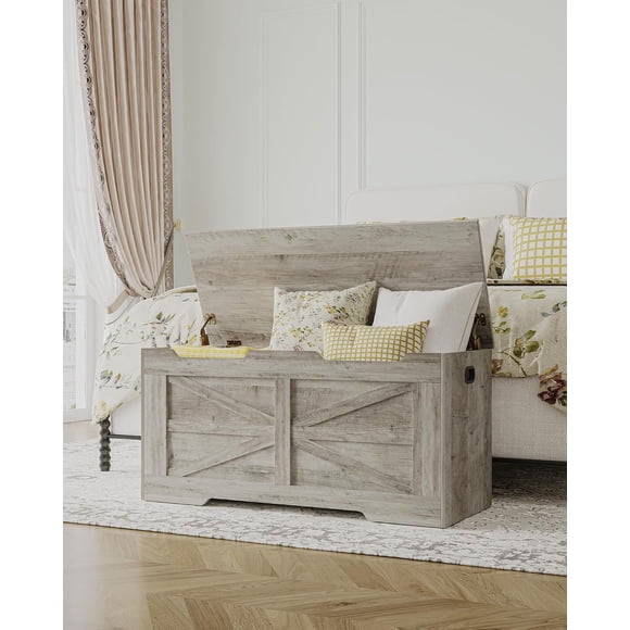 Storage Chest, 39.4" Storage Bench Wooden Toy Chest Box, Farmhouse Storage Trunk with Safety Hinge, Supports 350 lbs, for Entryway, Living Room, Bedroom,Grey