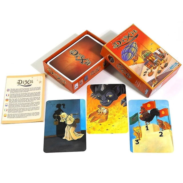 Dixit and Dixit Expansion Series desktop card game in English, designed for creative storytelling and family fun. Features a vibrant orange box with whimsical artwork, 84 animal and nature-themed cards, a rulebook, and compact packaging. Suitable for ages 7 and up.