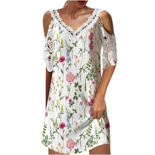 Cameland Robe Femme Mode Aguichant à Col en V à Manches Courtes Ajourée Imprimée à Épaules Dénudées
