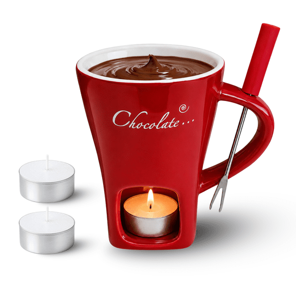 1-Pack Ceramic Fondue Mug with Fork and 2 Candles Included for Melting Chocolate, Red | Cozy Winter Birthday Holiday Christmas Gift for Friends