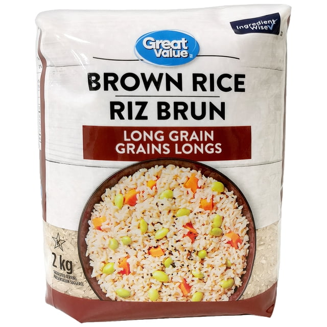 Great Value Riz Brun à Grains Longs Sac de 2 kg avec Texte Bilingue Anglais et Français, Présentant un Bol de Riz Cuit avec des Pois Verts et des Carottes en dés, un Produit Ingrédient Sage de Thaïlande Convenant aux Repas Faciles à Cuisiner.