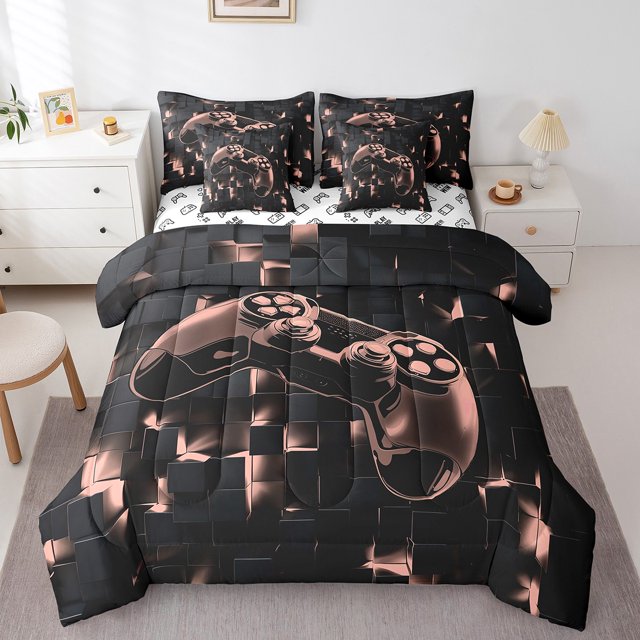 YST Boys Gamer Bedding Comforter Set with Geometry Grid Checkered Pattern, Twin Size (7 Count)