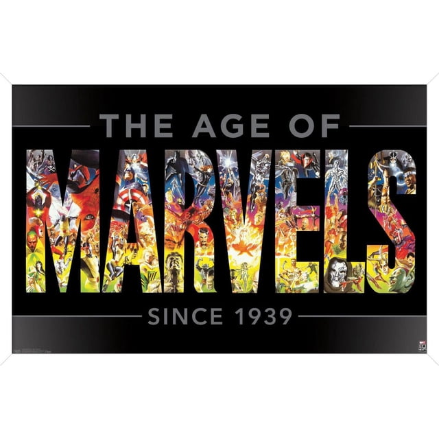 Marvel Comics - Marvel 80e Anniversaire - l'Ère des Merveilles Affiche Murale, 22,375 Po x 34 Po Présentant la phrase « l'Ère des Merveilles depuis 1939 » avec le Mot Merveilles Rempli d'Illustrations Colorées de Superhéros et de Méchants Marvel sur Fond Noir, Idéal pour Décorer des Chambres, des Bureaux Ou des Résidences Étudiantes.