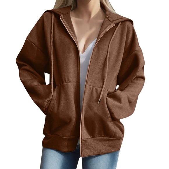 2025 Women's Street Long Sleeve Oversized Hoodie Coat Sweatshirt Hooded Zipper Oversized Hoodies Solid Color Coat Casual Zip Sweatshirt Warm Outwear