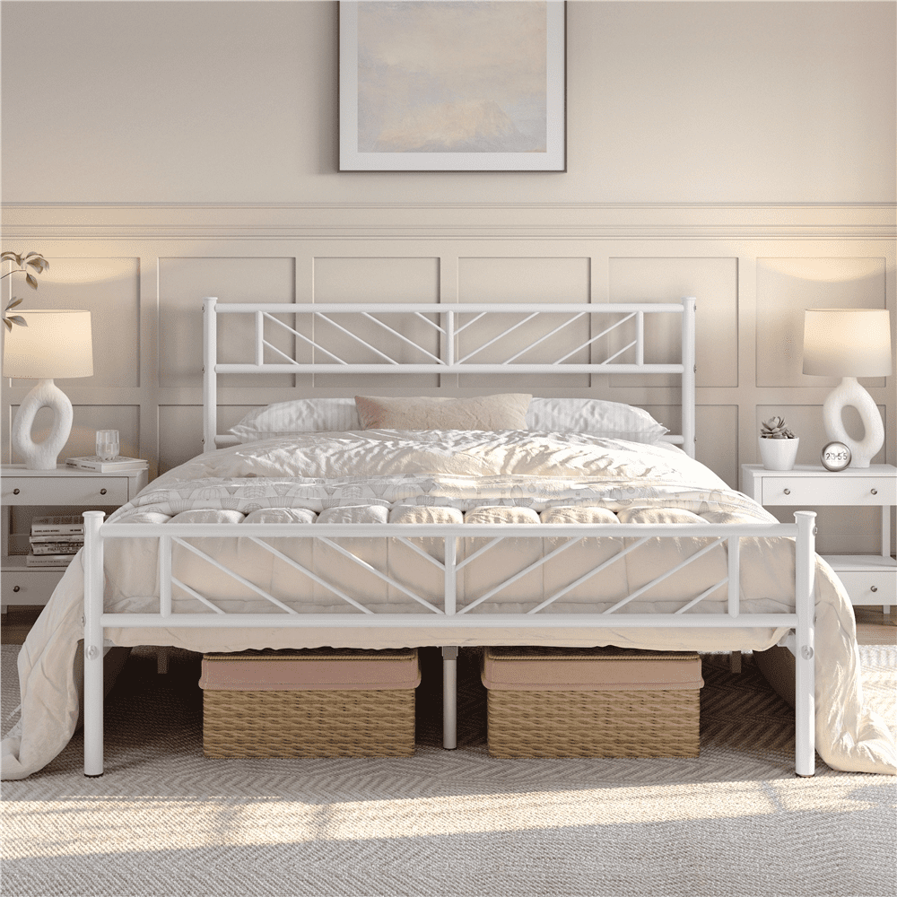 FullFurnique Minimalist Metal Platform Bed with Arrow Design Headboard for Adults, Full, White
