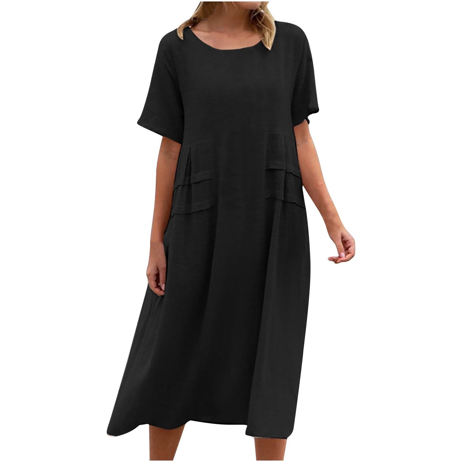 Bigersell Robes Formelles pour Femmes en Liquidation Femme Col Rond Manches Courtes Robe T-Shirt Midi Style D-121 Robes Décontractées Dames Grande Taille Robes d'Été, Noir 3TG