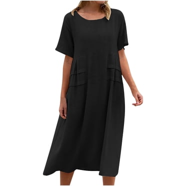 Bigersell Robes Formelles pour Femmes en Liquidation Femme Col Rond Manches Courtes Robe T-Shirt Midi Style D-121 Robes Décontractées Dames Grande Taille Robes d'Été, Noir 3TG