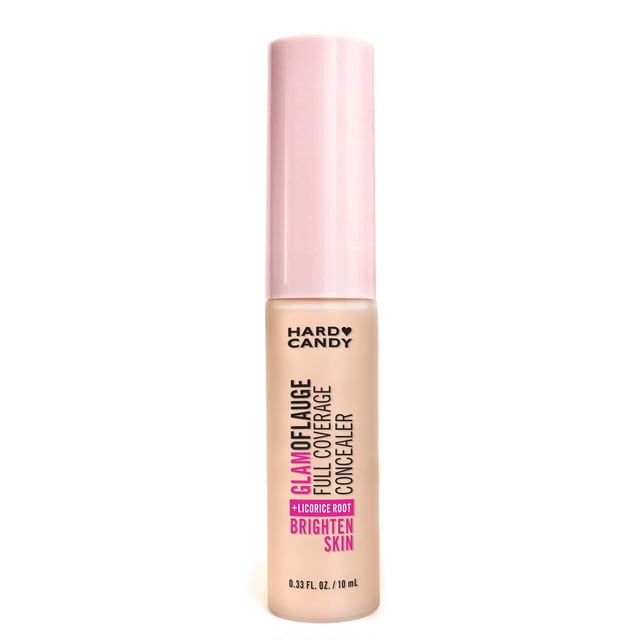 Hard Candy Glamoflauge Pro Concealer in Light, 0.33 fl oz, in a beige cylindrical bottle with a pale pink cap, featuring black and pink text highlighting full coverage and brightening licorice root for skin brightening in makeup application.