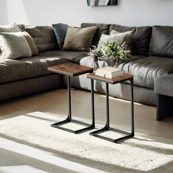 LEDREM 2pcs C-Shaped End Table- Sofa Side Tables with Metal Frame, Space-Saving Design, Rustic Brown and Black
