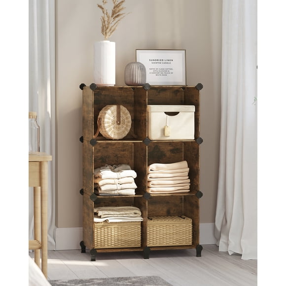 SONGMICS 6 Cube Storage Organizer, DIY Closet Shelf, Plastic Clothes Organizer, Modular Bookcase, 11.8 x 11.8 x 11.8 Inch Cubes, with Feet and Rubber Mallet, Rustic Brown ULPC111A01