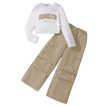 FhsagQ Ensembles pour Filles Filles Ensembles 2 Pcs Chandails à Manches Longues et Pantalons Cargo Jogger Ensembles Fille Tenues de Printemps 4T Printemps Brun 7-8 Ans