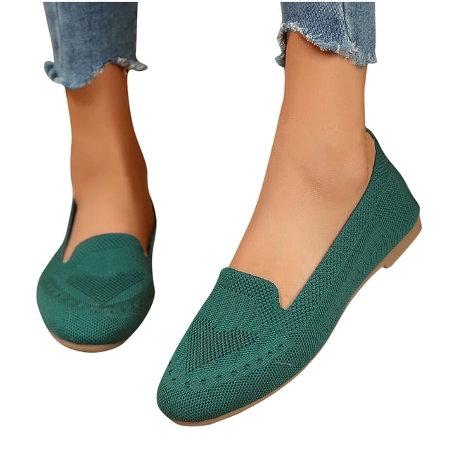 Chaussures Femme Simples Tricotées Semelle Souple Bout Rond Semelle Plate à Enfiler Petit Talon Compensé Confortables Respirantes Marche en Maille Chaussures Décontractées Vert Armée