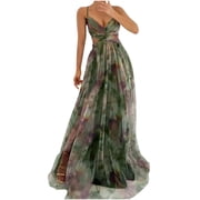 Womens Floral Maxi Dress Tie Straps V Neck Backless Tulles a Line Beach Summer Travel Dresses Green S