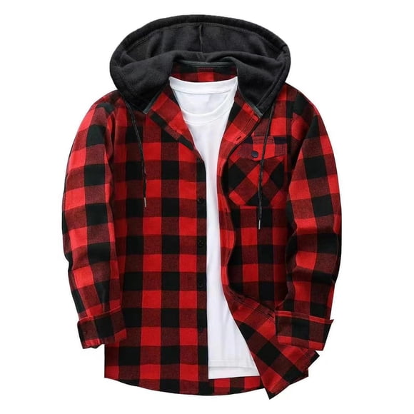 aohooy Men's Flannel Hoodie Shirts Lightweight Button Down Plaid Shirt Jackets Fall Long Sleeve Stylish Hooded with Pocket 2025 Red,L
