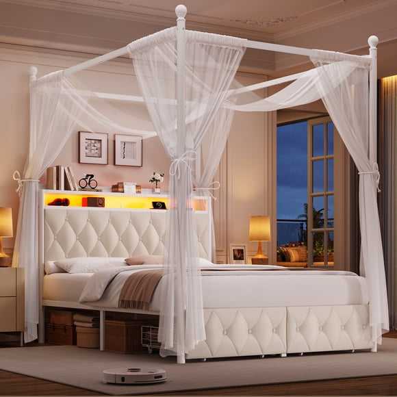 Hiphuta Full Size Upholstered Canopy Bed with Charging Station & Storage Drawer,Button Tufted Headboard with LED Light, Full Bed Frames, Beige