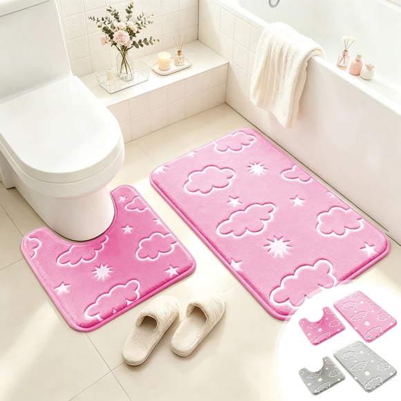 Yannianjz 2Pcs Glow in the Dark Bathroom Floor Mat Set Absorbent Polyester Rug for Toilet, Shower, Sink, Soft Non-slipDecorative Mat for Home Decor