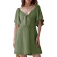 thumbnail image 1 of Womens Dresses Spring Summer Deep V Neck Elegant Bow Tie Mini Dress Military Green S, 1 of 8