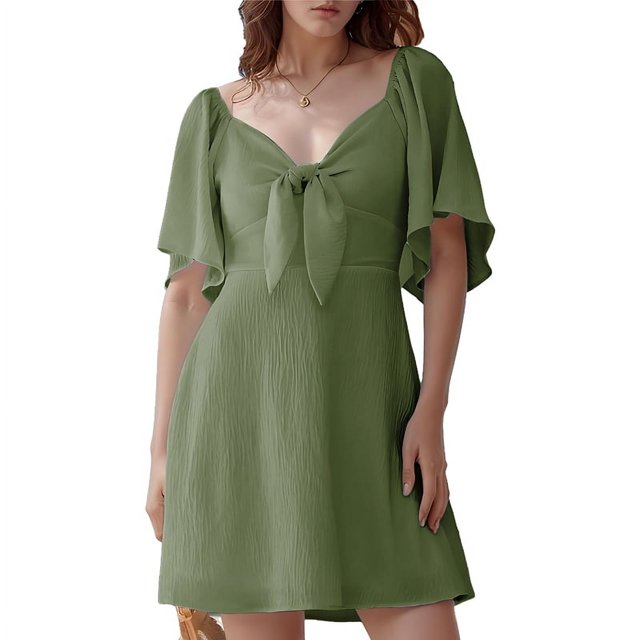 Womens Dresses Spring Summer Deep V Neck Elegant Bow Tie Mini Dress Military Green S