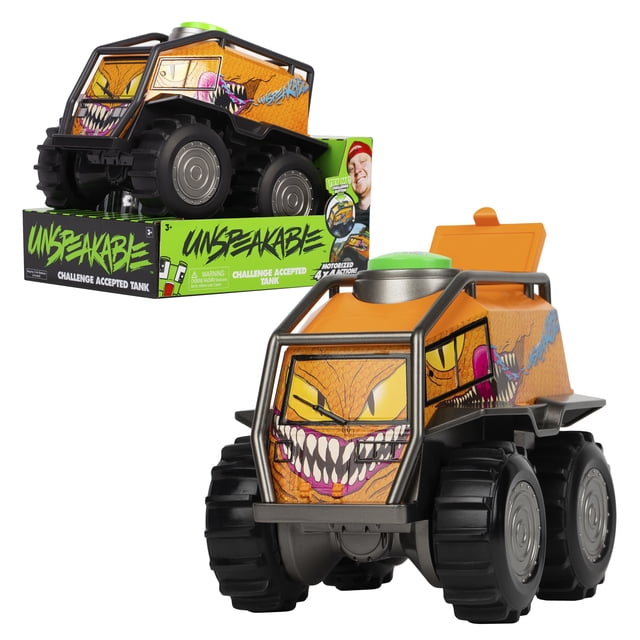Unspeakable Réservoir Accepté Défi, un Véhicule Motorisé Télécommandé de 8 Pouces avec 4 Roues Motrices, Présentant une Carrosserie orange avec un Graphique de Visage de Dessin Animé sur la Grille avant, un Bouton de Défi Vert sur le Dessus, et de Gros Pneus Noirs, Montré avec Son Emballage Vert et Noir de Marque pour Voitures RC et Jouets Télécommandés.