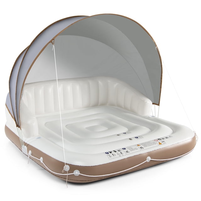 Gymax Île Flottante avec Auvent Gonflable, Bouée de Piscine avec Auvent Rétractable. le Flotteur Présente un design Blanc et Brun avec Accoudoirs Ergonomiques et Dossiers pour le Confort. Il Comprend Deux Porte-Gobelets et un Pare-Soleil Détachable en Tissu SPF50+ pour la protection Solaire. le Radeau Mesure 71 Pieds' x 71 Pieds' x 63 Pieds' avec l'Auvent et Supporte jusqu'à 441 Lb, Accueillant Deux Personnes. Fabriqué en Tissu PVC et polyester durable, Il Convient aux Piscines, Lacs et Plages.