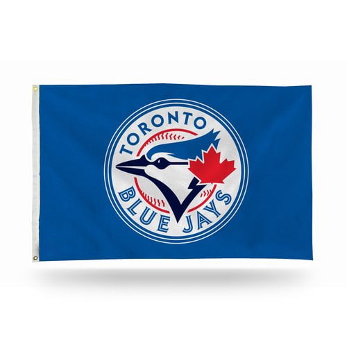 QIFEIHA Toronto Blue Jays Flag 3x5 Feet Banner Flag featuring a vibrant blue background with the Toronto Blue Jays logo, including a blue jay head and a red maple leaf. Made of durable polyester with a reinforced headband and metal grommets for easy flying. Dye sublimation printed for vivid colors, suitable for outdoor or indoor display.