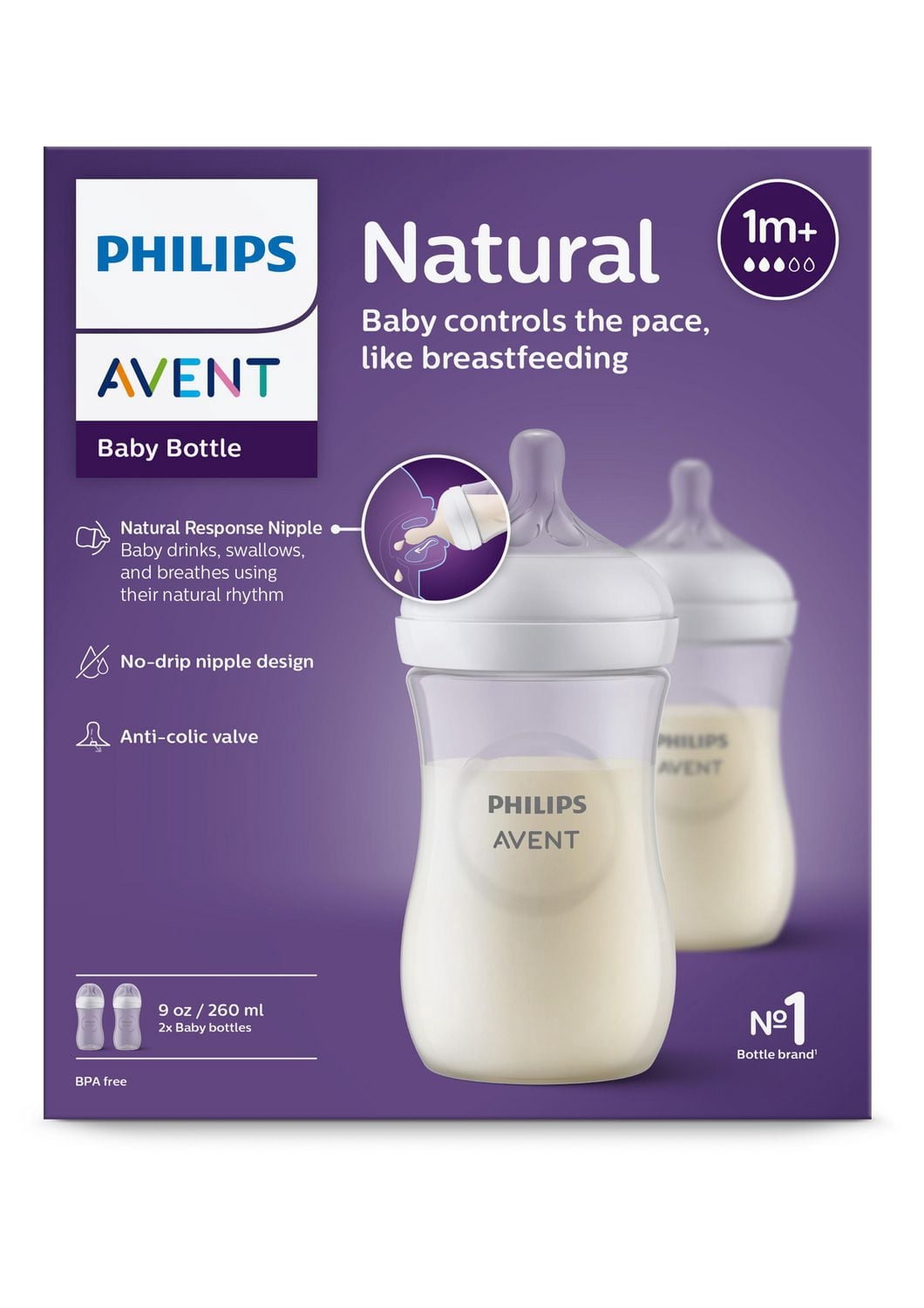 Philips Avent Natural Baby Bottle With Response Nipple, Clear, 2x9oz Bottles, SCY903/02