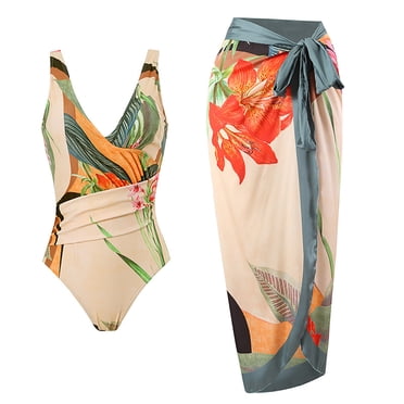 RKSTN Maillots de Bain pour Femmes, Ensemble Deux Pièces pour Femme Contrôle du Ventre à Lacets Maillot de Bain Imprimé Floral Jupe Longue Ensemble Deux Pièces en Chiffon avec Paréo
