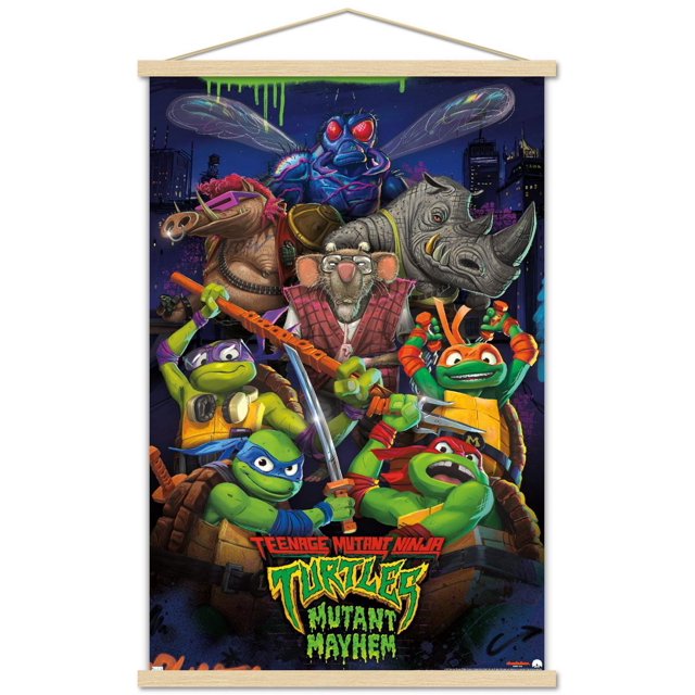 Teenage Mutant Ninja Turtles: Mutant Mayhem - Affiche Murale de Groupe, 22,375 Pouces x 34 Pouces Montrant une Oeuvre Murale Brillante des Quatre Ninja Turtles avec des Armes et Leurs Alliés, Incluant une Mouche Bleue, un Phacochère, un rat dans un Gilet Rouge et un Rhinocéros, Érigée contre un Paysage Urbain Sombre avec des graffiti Néon, Imprimée sur Papier d'Affiche Haute Résolution, Convient à la Déco de Chambre et Facile à Accrocher avec Supports Adhésifs Inclus.
